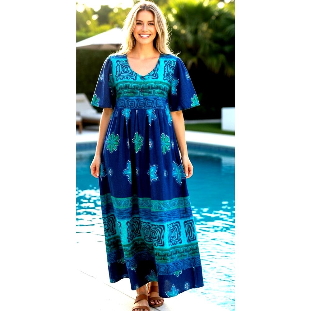 VTG Loungees Floral Batik Muumuu Kaftan Maxi House Dress Pockets Boho Granny M
